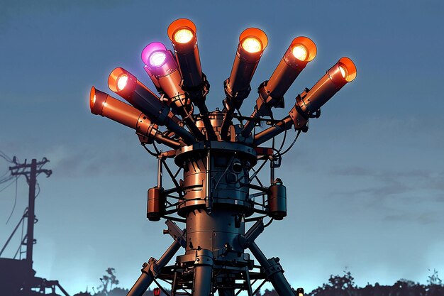 Photo lighting tower with light cannons lit