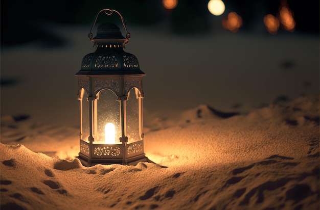 lighting with a candle inside Lantern shining on the sand floor playground