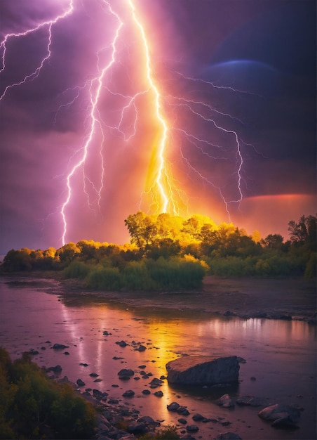 a lightning bolt is over a river with trees in the background