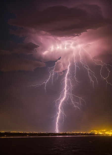 a lightning bolt is seen above a city