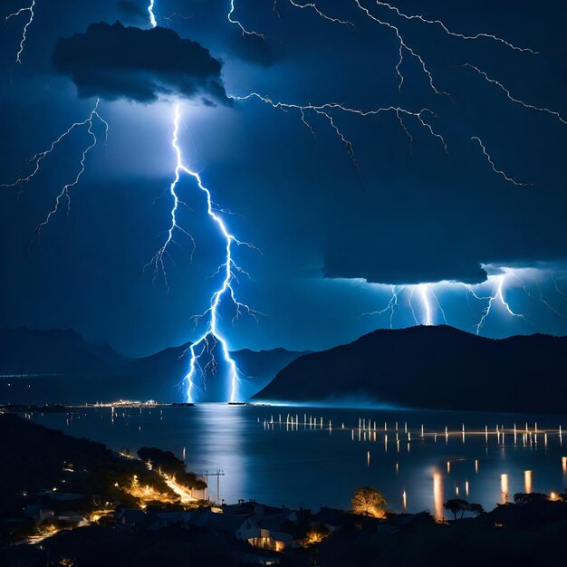 a lightning bolt is seen above a lake at night