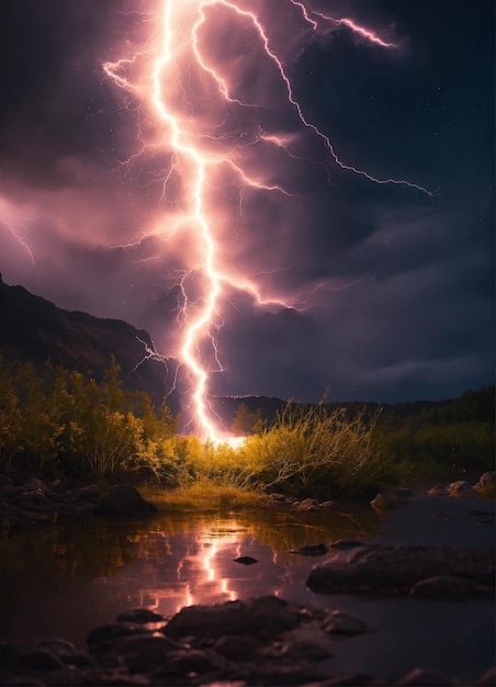 a lightning bolt is seen above a river