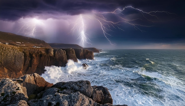 Photo a lightning bolt is visible above the ocean