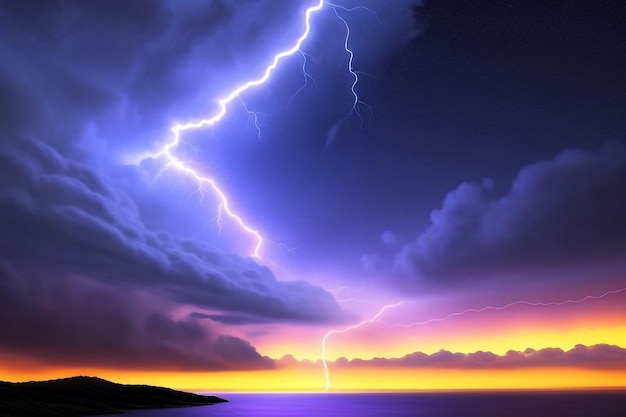 Photo a lightning bolt is visible over the water and the sky is purple