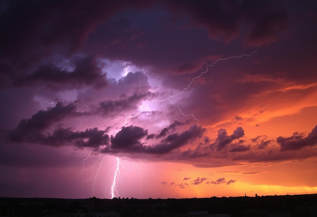 Photo lightning bolt and thunderhead storms over denver neighborhood homes