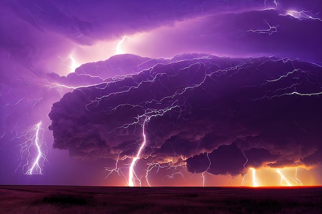 Lightning bolts and stormy clouds in sky above field landscape extreme weather in nature