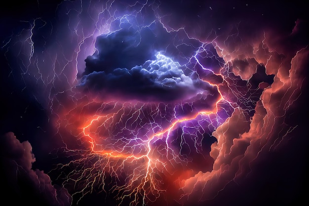 Lightning in the clouds super thunderstorm illustration Generative AI