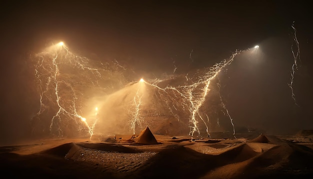 Lightning in the desert Night desert landscape with lightning and sandstorm Fantasy landscape 3D illustration