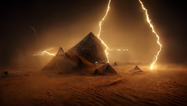 Lightning in the desert Night desert landscape with lightning and sandstorm Fantasy landscape 3D illustration