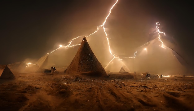 Lightning in the desert Night desert landscape with lightning and sandstorm Fantasy landscape 3D illustration