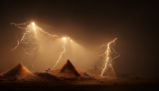 Lightning in the desert Night desert landscape with lightning and sandstorm Fantasy landscape 3D illustration