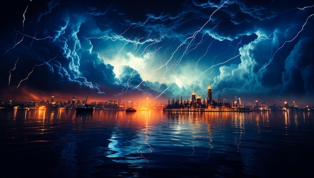 Lightning disaster in a sea Powerful raining thunderstorm Generative AI