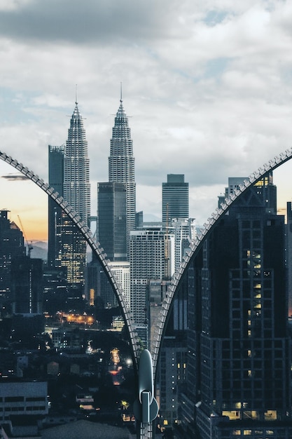 Lightning divides megalopolis with skyscrapers into day and night