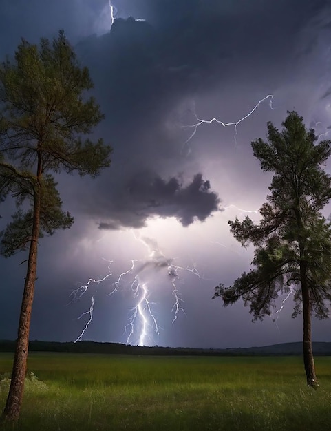 Lightning flashes in the sky and the trees sway in the wind