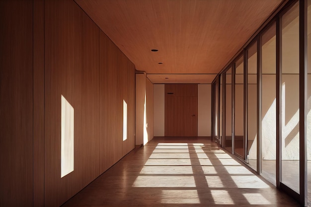 Lightning long hallway in a modern home Empty stylish interior corridor space with Mid Century Furniture Wooden floors and smooth walls Mockup