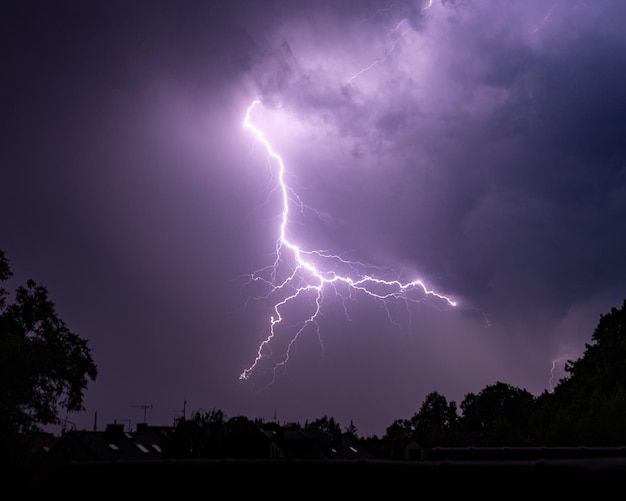 Lightning in the night sky with silhouettes of trees