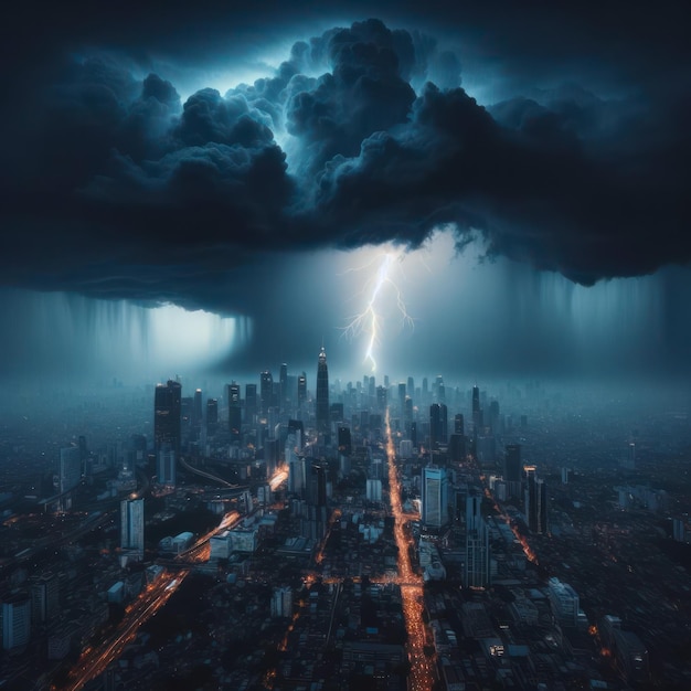 Lightning and Rain over the City AI Generated