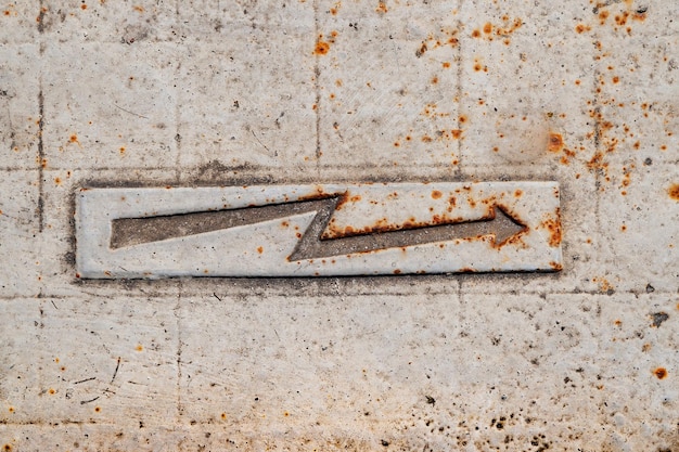 Lightning sign Metal rusty arrow Electricity sign on the sidewalk Warning sign on the pavement