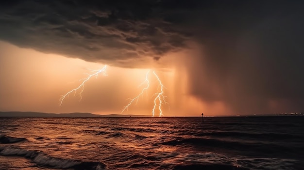 Lightning storm over city in blue light thunder storm wrath of nature in big city