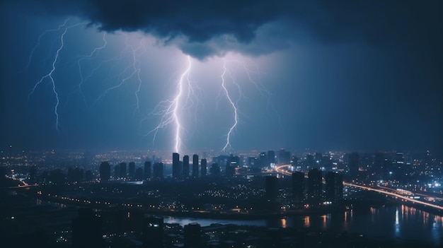 Lightning storm over city in blue light thunder storm wrath of nature in big city