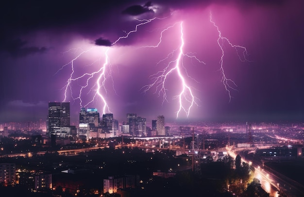 Lightning storm over city in blue light