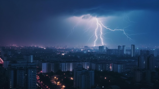 Lightning storm over city in purple light