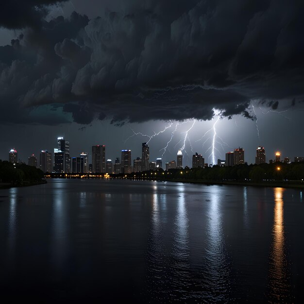 a lightning storm over a city with a city in the background