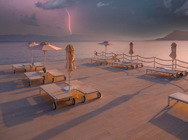 Lightning storm at Greek spa resort with hot springs of Loutra Edipsou on island Evia in Greece