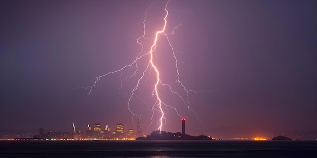 Photo lightning storm illuminates treasure island against san francisco skyline in california concept california treasure island lightning storm san francisco skyline weather photography