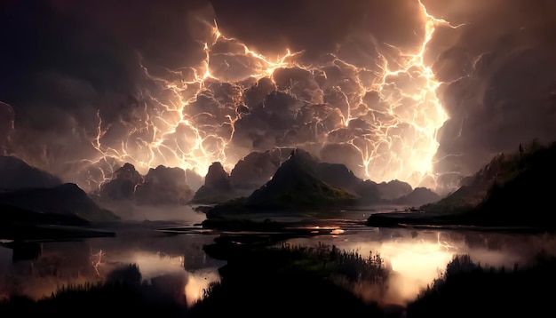 A lightning storm over the lake