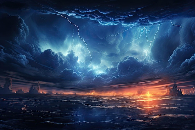 a lightning storm over the ocean with a bright orange lightening A powerful ocean lightning storm showcasing bright orange lightning