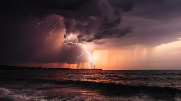 Lightning and storm on sea to the sunset