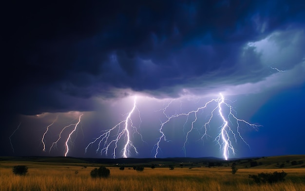 A lightning storm with a blue sky and clouds