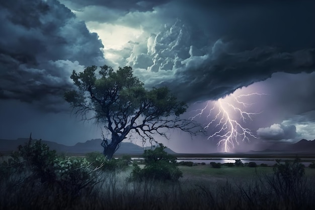 A lightning storm with a tree in the foreground and mountains in the background.