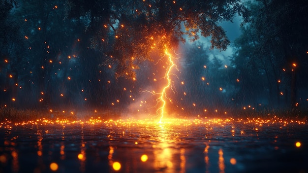 Photo lightning strike in a forest