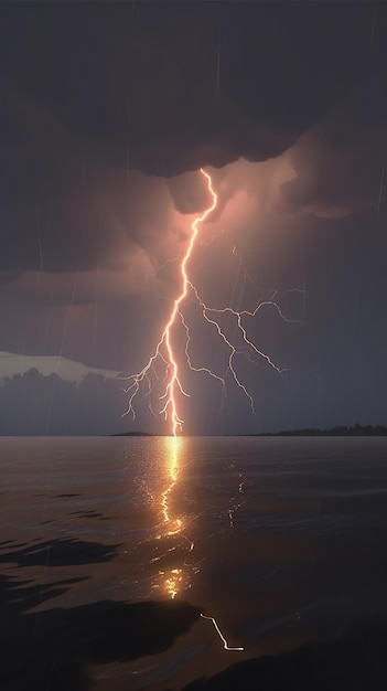 A lightning strike is seen over the water.