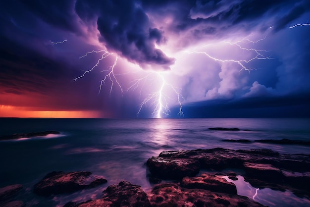 A lightning strike over the ocean