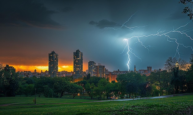 lightning strikes over a city at night