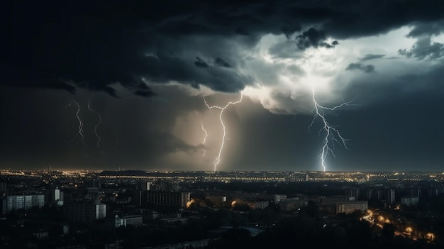 Lightning strikes over a city at night