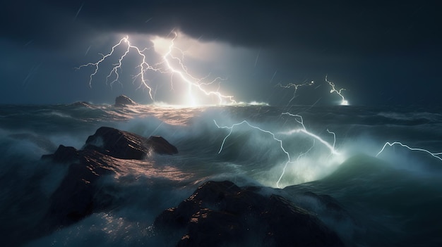 Lightning strikes the ocean and the ocean