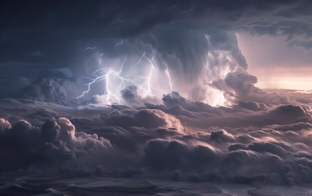 Lightning strikes in the sky dramatic storm clouds above the clouds ocean waves