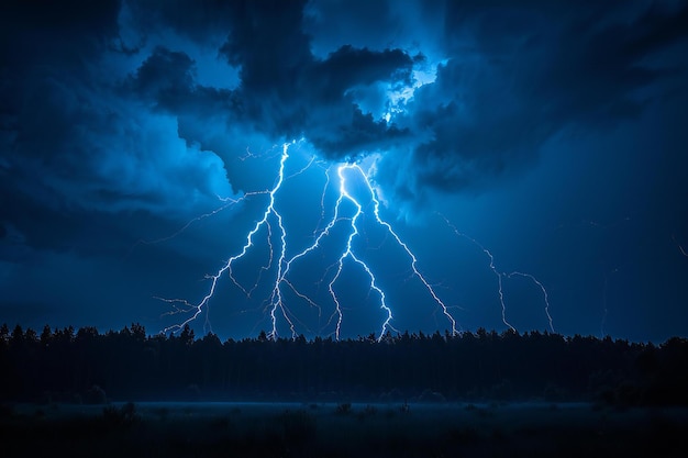 Photo lightning striking in the night sky with a forest silhouette below