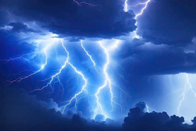 Lightning thunderstorm flash over the night sky background ai generative