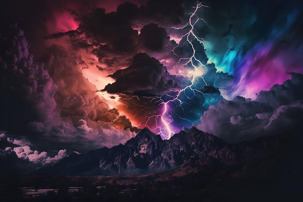 Lightning with colorful dramatic clouds Neural network AI generated