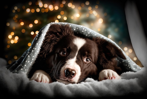 Under the lights of a Christmas tree a cozy blanket covers a border collie puppy