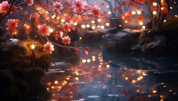 Lights on a festive tree have blurred lights reflecting on sparkling water