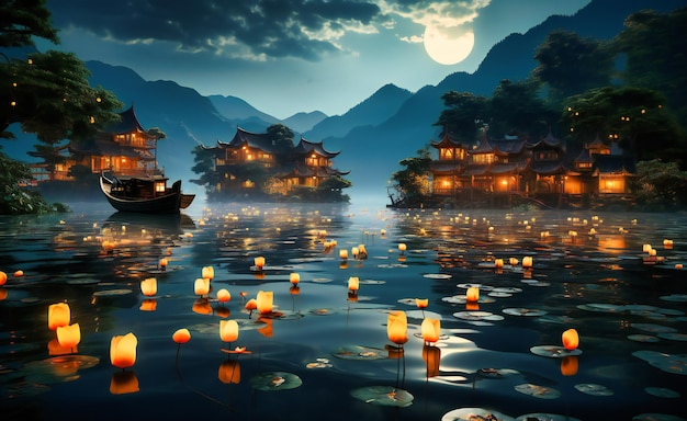 lights floating in lake at night