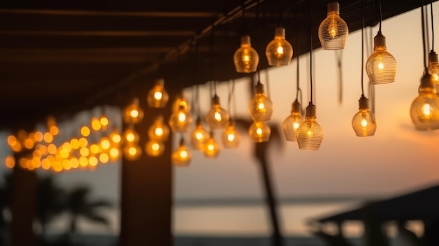 Lights in summer beach cafe Illustration AI Generative