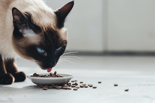 A lihua cat in an empty white room eating cat food