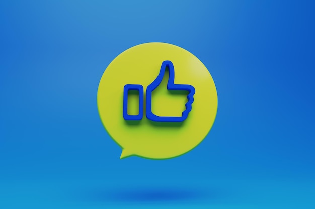 Like button symbol in a round dialog box on blue background. 3d style illustration